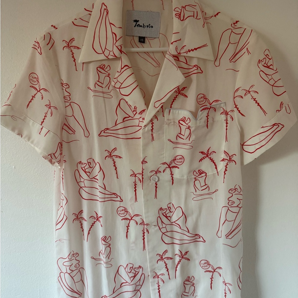 Tombolo Cream Short-Sleeve Button-Down Shirt with Red Print